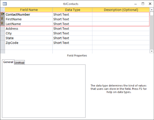 Screenshot of tblContacts datasheet presenting three selected field rows to be included in the composite primary key: ContactNumber, FirstName, and LastName.