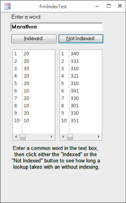 Screenshot of frmIndexTest form presenting Marathon in the data entry field with Indexed and Not Indexed buttons. The tables below each button display 10 items with the range of 10-30 (left) and 300-350 (right).