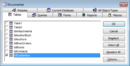Screenshot of Documenter dialog box displaying the selected tblCustomers on the Tables tab.