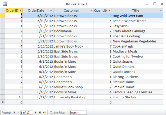 Screenshot of tblBookOrders3 table for managing bookstore orders presenting one record entry for each book ordered by a customer.