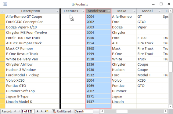 Screenshot of tblProducts Datasheet window displaying highlighted Model Year column.