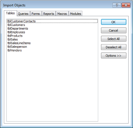 Screenshot of Import Objects dialog with database objects: tblCustomerContacts, tblCustomers, tblDepartments, tblEmployees, tblProducts, tblSales, tblSalesLineItems, tblSalesperson, and tblVendors.