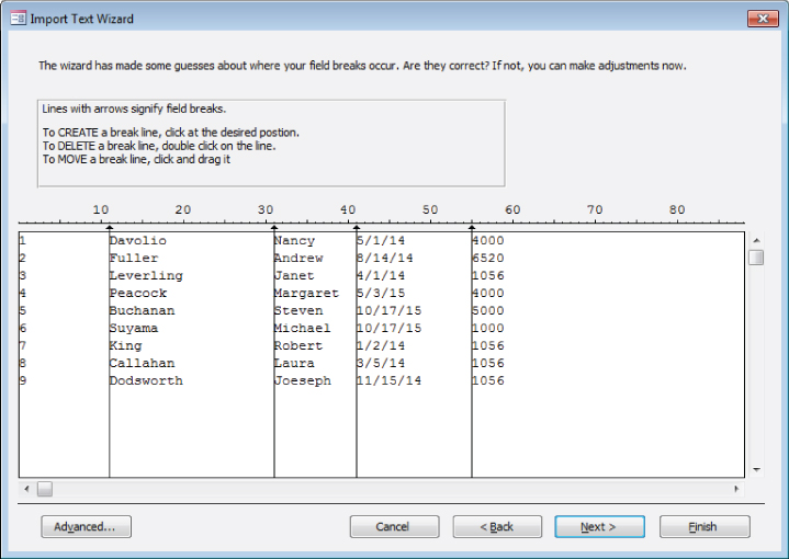 Screenshot of Import Text Wizard presenting break line options: click at the desired position to create, double click on the line to delete, and click and drag to move. Below is a table where to make adjustments.