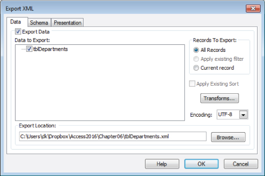 Screenshot of Export XML presenting the Data tab with checked box for Export Data option and tblDepartments item (top), export location (bottom), encoding type (right), and records to export (right).