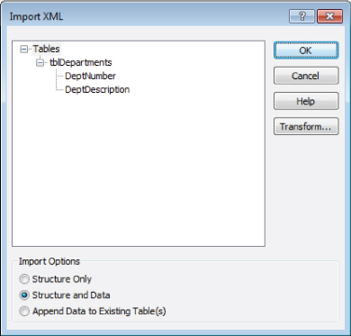 Screenshot of Import XML dialog box presenting a data tree for Tables cascading to tblDepartments with DeptNumber and DeptDescription items. Below are import options; Structure and Data option is selected.