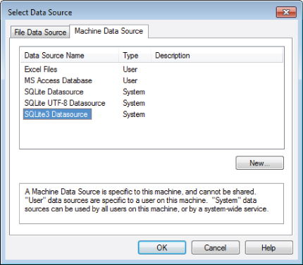 Screenshot of Select Data Source dialog box presenting the Machine Data Source with a table listing data source names, types, and destinations. Below is a box displaying information on selected data source.
