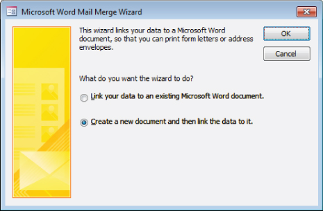Screenshot of Microsoft Word Mail Merge Wizard displaying two wizard options with OK and Cancel buttons on the upper right corner.