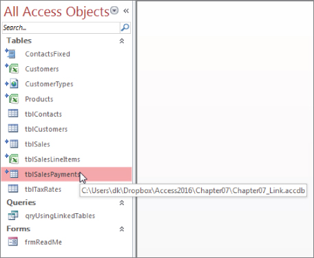 Screenshot of All Access Objects navigation pane displaying a list of tables , queries, and forms. The cursor hovers over tblSalesPayments with the corresponding description box revealing its source.