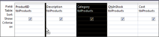 Snipped image of the QBE grid presenting five columns: ProductId, Description, Category, QtyInStock, and Cost. The Category column is highlighted and dragged between ProductID and Description columns.