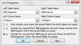 Screenshot of Join Properties dialog box displaying three outer join options. The third option (Include All Records from 'tblProducts'…) is selected.