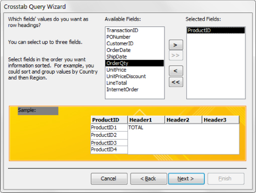 Screenshot of Crosstab Query Wizard dialog box with lists of Available Fields (OrderQty is selected) and Selected Fields (ProductID is selected). Below is a sample view.