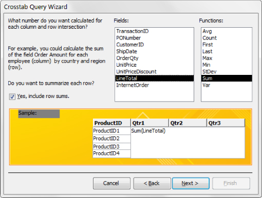 Screenshot of Crosstab Query Wizard dialog box with lists of Fields (LineTotal is selected) and Functions (Sum is selected) and a check box to enable row sums. Below is a sample view.