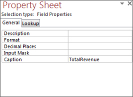 Screenshot of Property Sheet dialog box presenting the General tab with a 2-column table listing description, format, decimal places, input mask, and caption. Across the Caption field is input Total Revenue.
