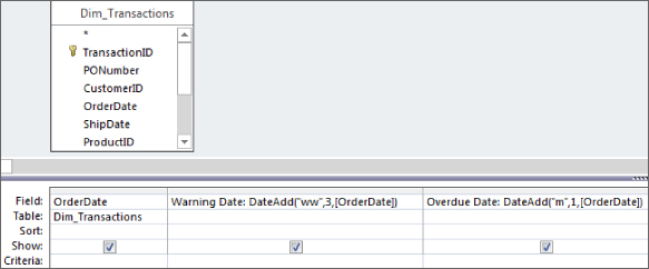 Screenshot of query design window displaying Dim_Transactions table with the Format function being used in the Quarter field on the QBE grid.
