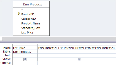 Snipped image of a query in Design view with Dim_Products table and a query grid listing Field inputs List_Price for Dim_Products table and Price Increase: [List_Price]*(1+[Enter Percent Price Increase]).