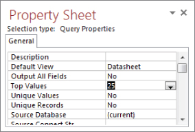 Screenshot of Property sheet dialog box presenting the General tab with a highlighted value of 25 on Top Values.