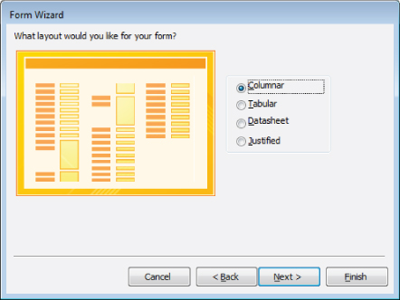 Screenshot of the Form wizard dialog box with a selected radio button for Columnar layout. The Cancel, Back, Next, and Finish buttons are displayed below.