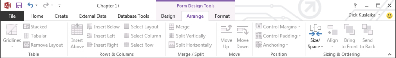 Snipped image of the Ribbon displaying the Arrange tab.