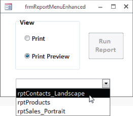 Screenshot of frmReportMenuEnhanced window displaying View options Print and Print Preview (selected) with a Run Report tab on the left and drop-down menu options for Landscape, Products, and Portrait.