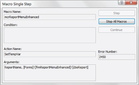 Screenshot of Macro Single Step dialog box displaying text boxes for Macro Name, Condition, Action Name, Arguments, and Error Number and a Stop All Macros button.