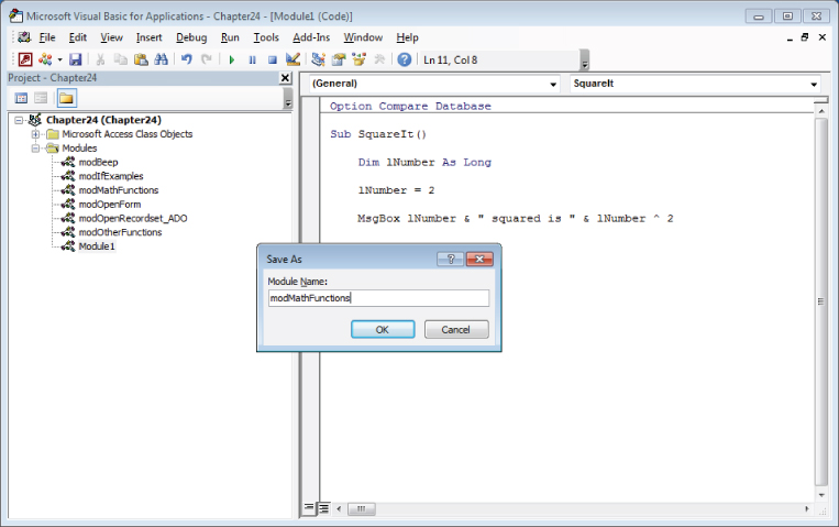 Screenshot of a Microsoft Visual Basic for Applications window with a pop-up Save As dialog box with a text box for module name.