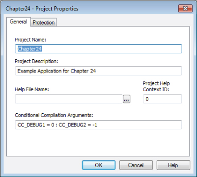 Screenshot of Project Properties dialog box presenting the General tab with text boxes for project name, project description, Help file name, project Help context ID, and conditional compilation arguments.