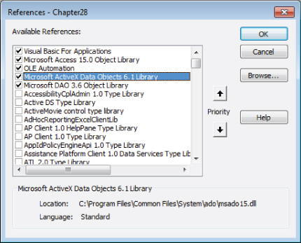 Screenshot of the References-Chapter28 dialog box displaying 5 checked boxes under Available References  with highlighted Microsoft ActiveX  Data Objects 6.1 Library.  