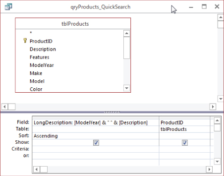 Snipped image of a query with tblProducts table and a query grid listing inputs LongDescription: [ModelYear]&” “ & [Description] (with Sort input Ascending) and ProductID (tblProducts table).