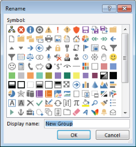 Screenshot of the Rename dialog box displaying various icons and symbols and with highlighted input New Group in the entry field for Display name. OK and Cancel button is located at the bottom.