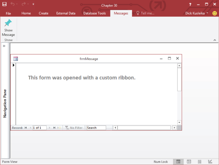 Screenshot of the Access Options dialog box presenting Customize Ribbon tab with a list builder for the popular commands—with highlighted layout view and a tooltip—(left pane) and the main tabs (right pane).