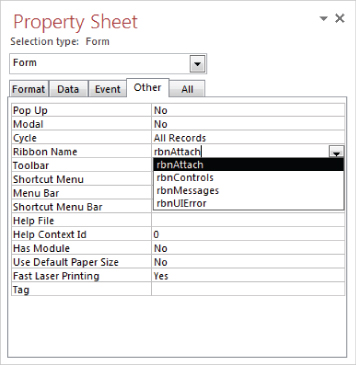 Snipped image of the My Form tab presenting frmRibbonAttach form.