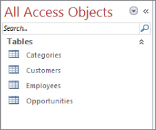 Snipped image of All Access Objects dialog box listing Categories, Customers, Employees, and Opportunities tables.