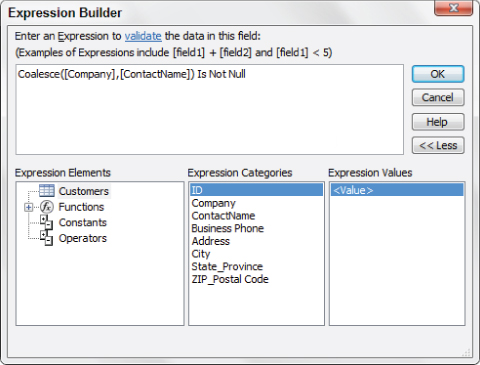Screenshot of Expression Builder dialog box with a text box to enter an expression to validate (top) and panels for Expression Elements, Expression Categories, and Expression Values.