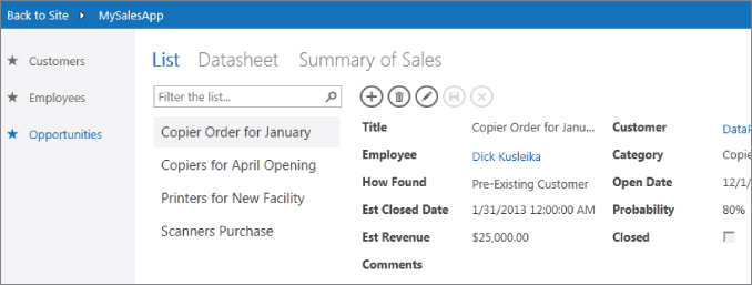 Snipped image of MySalesApp via SharePoint Portal with built-in filtering options.