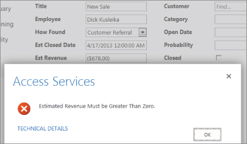 Screenshot of the Access  Services dialog box displaying a message Estimated Revenue Must be Greater Than Zero along with the X-sign at the left and with OK button at the bottom.