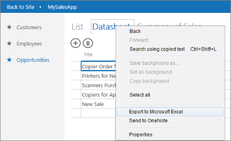 Screenshot of the context menu of Datasheet view with the highlighted Export to Microsoft Excel option.