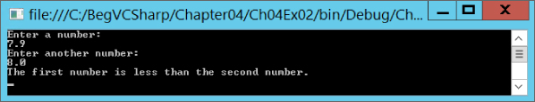 Command prompt window after executing the code displaying texts Enter an integer: 7.9 and Enter another number: 8.0.