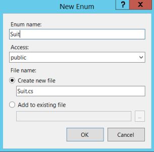 Screenshot of New Enum dialog box displaying 2 entry fields of Enum name and Access containing Suit and public. Another field (bottom part) under Create new file contains Suit.cs. Below are OK and Cancel buttons.