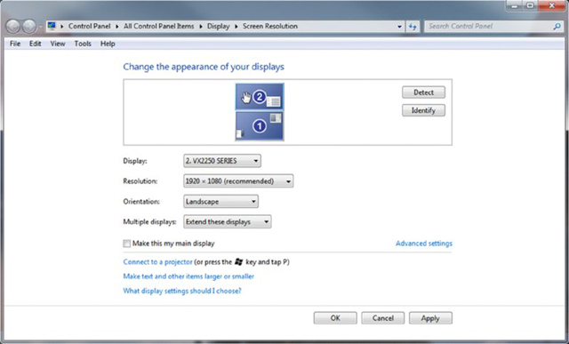 Screenshot shows the screen resolution window with options to change the display appearance, resolution, orientation and multiple displays. Buttons to detect and identify the changed display are also represented.