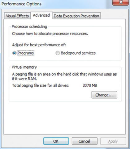 Screenshot shows the performance options with the advanced tab highlighted where the details of processor scheduling and virtual memory are displayed.