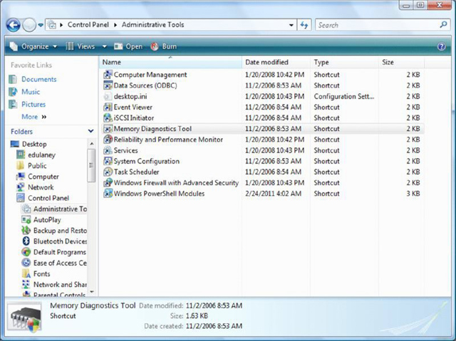 Screenshot shows the window of administrative tools coming under control panel, which include tools like computer management, data sources, desktop.ini, event viewer, iSCSI initiator et cetera.