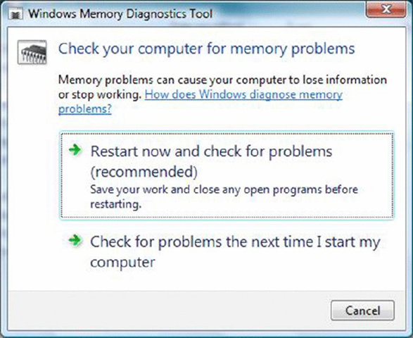Screenshot shows the windows memory diagnostics tool, where options to check the problems by restarting the system or to check problems on the very next system start.