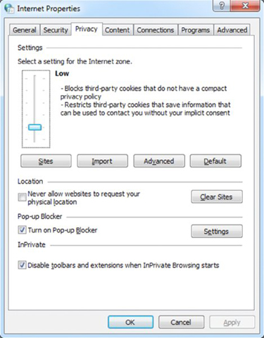 Screenshot of a window shows internet properties page where the privacy tab is selected. Settings, location, pop-up blocker and InPrivate are the main headers displayed in the window.