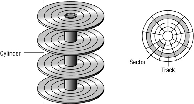 Diagram shows the anatomy of a hard drive where four circular disks are mounted on a circular rod. Each of the circular disks is divided as a sector and a track.