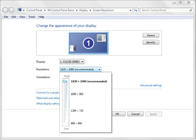 Screenshot shows the screen resolution, where the dropdown listing the different resolution options is displayed, where the recommended resolution of 1920 by 1080 is selected.