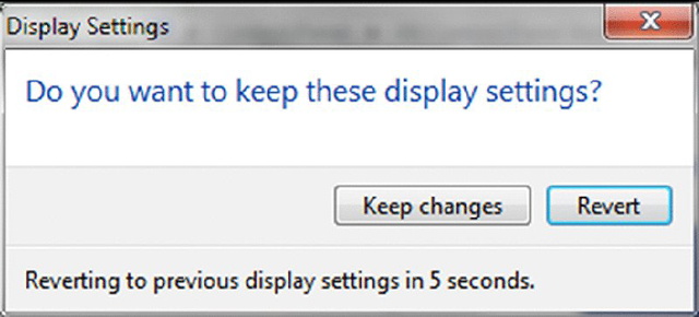 Screenshot shows the window that pops-up for saving the changes made in display settings. Button to keep changes and revert is also represented.