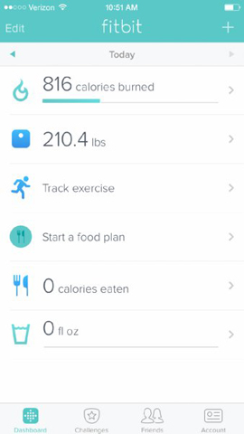 Screenshot shows fitbit dashboard which includes 816 calories burned, 210.4 Ibs, track exercise, start a food plan, 0 calories eaten and 0 floz. Bottom portion of the page shows Dashboard, Challenges, Friends and Account icons.