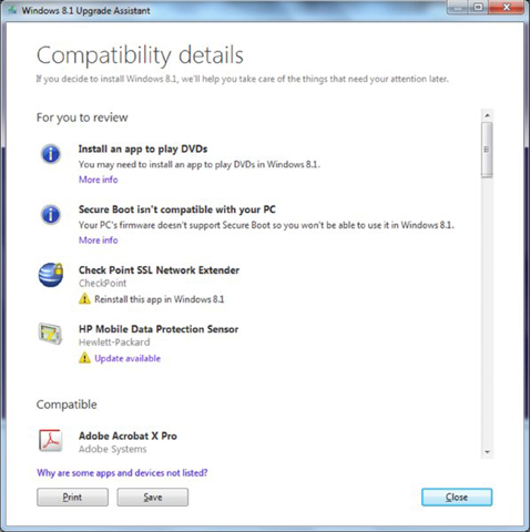 Screenshot shows Windows 8.1 Upgrade Assistant page which includes Compatibility details; Install an app to play DVDs, Secure boot, Check Point SSL Network Extender and HP Mobile Data Protection Sensor with corresponding icons.