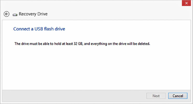 Screenshot shows the drive must have atleast 32 gigabyte memory size to create a recovery drive and all the stored data of the drive will be lost.