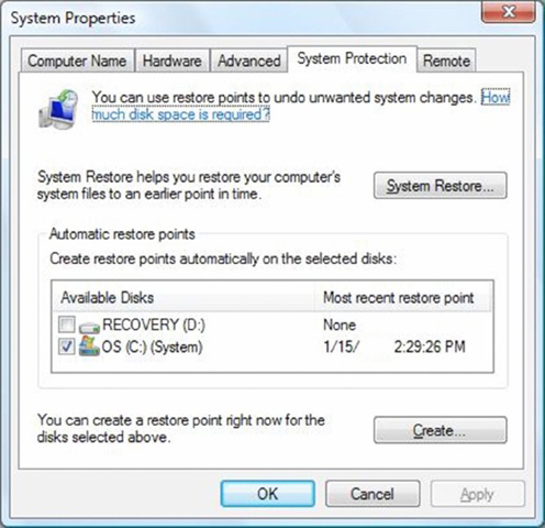 Screenshot shows system properties on title bar, system protection selected in menu bar, a table for most recent restore points of available disks, buttons for system restore and restore point creation.